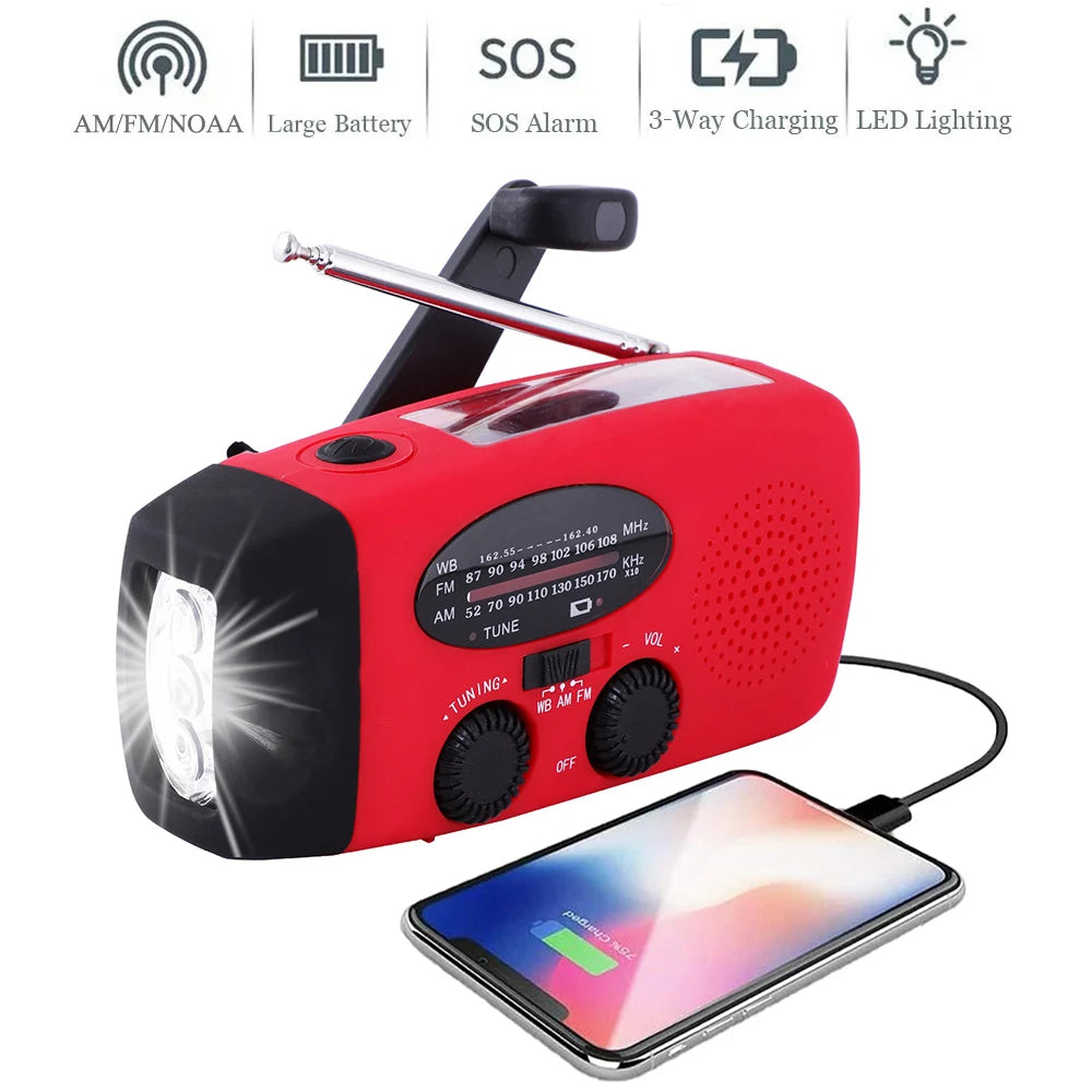 Solar Hand Crank Powered Camping Light With AM/FM Radio Outdoor 2000mAh USB Charging Multifunctional Hand Dynamo LED Flashlight