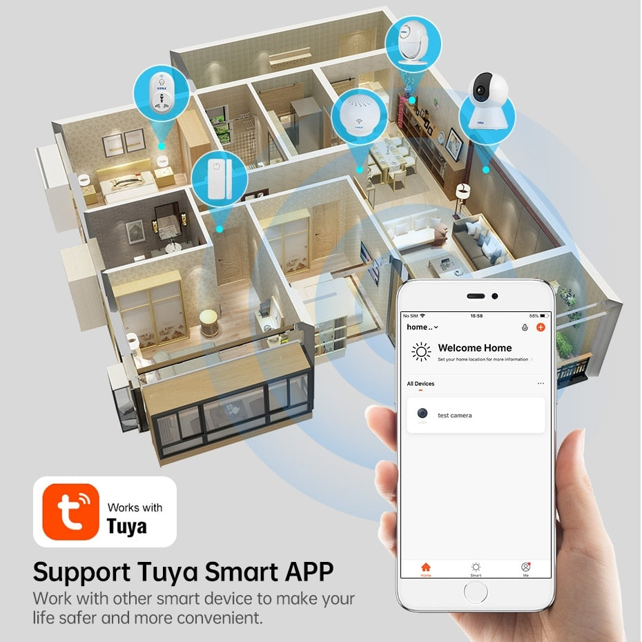 KERUI 1080P Tuya Smart Mini WiFi IP Camera Indoor Wireless Security Home CCTV Surveillance Burglar Camera 2MP With Auto Tracking, Audio and Microphone enabled and also picture notification to your app.