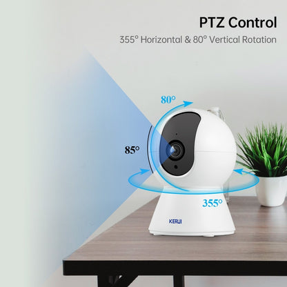 KERUI 1080P Tuya Smart Mini WiFi IP Camera Indoor Wireless Security Home CCTV Surveillance Burglar Camera 2MP With Auto Tracking, Audio and Microphone enabled and also picture notification to your app.