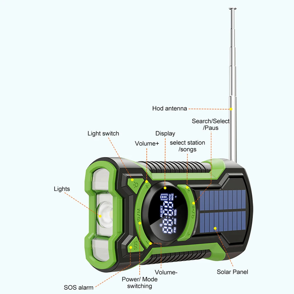 5000mAh Emergency Radio Hand Crank Solar FM AM NOAA Weather Radio LED Flashlight Bluetooth 5.3 Speaker Power Bank Phone Charger