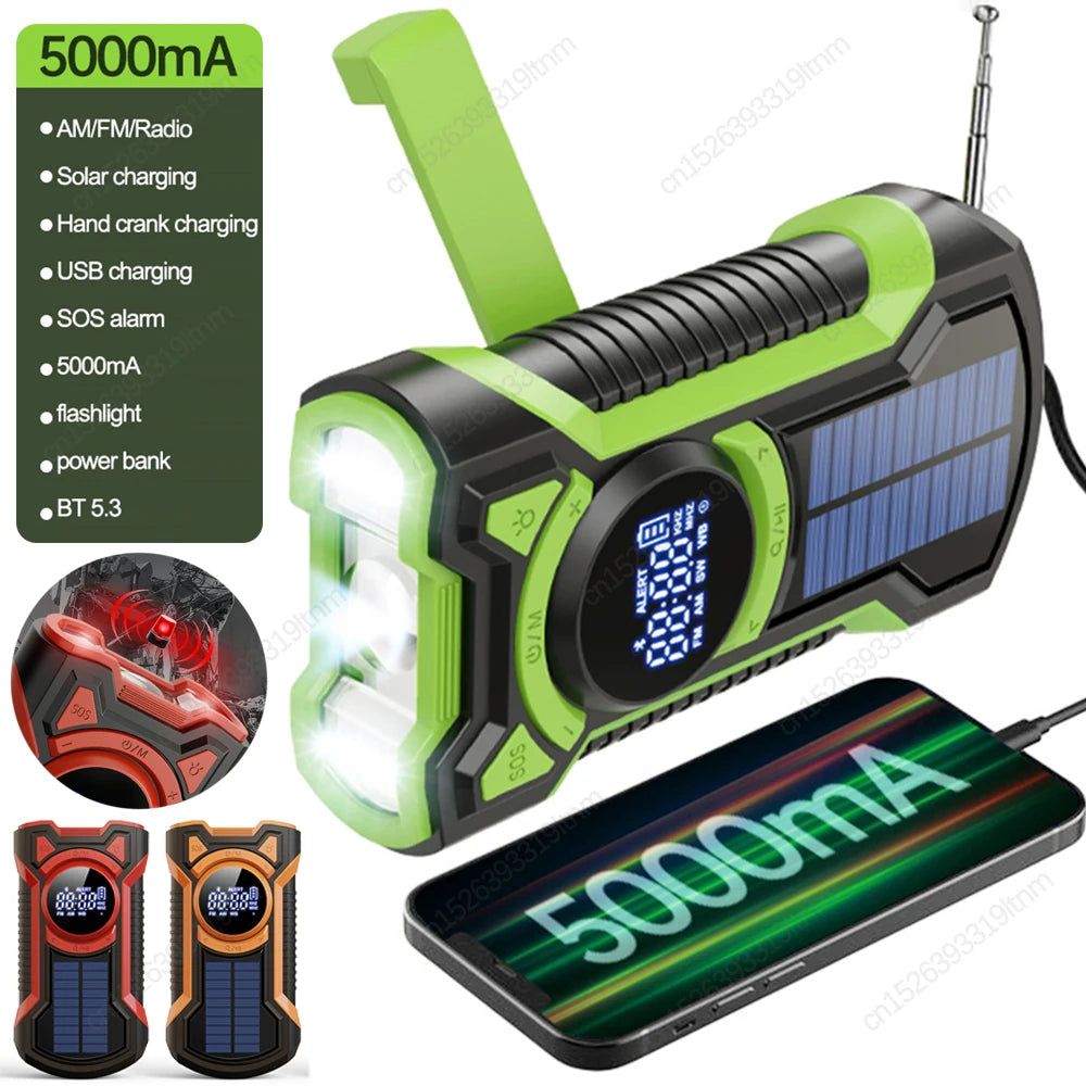 5000mAh Emergency Radio Hand Crank Solar FM AM NOAA Weather Radio LED Flashlight Bluetooth 5.3 Speaker Power Bank Phone Charger