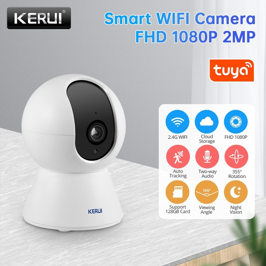 KERUI 1080P Tuya Smart Mini WiFi IP Camera Indoor Wireless Security Home CCTV Surveillance Burglar Camera 2MP With Auto Tracking, Audio and Microphone enabled and also picture notification to your app.