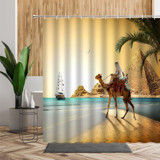 Egypt Landscape Shower Curtain Set Pyramid Desert 3D Bathroom Decors Sunset Dusk Natural Scenery Waterproof Fabric Bath Curtains