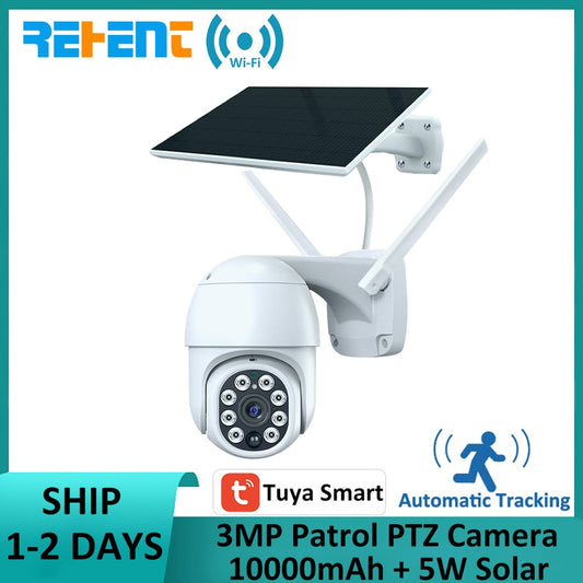 REHENT 3MP Outdoor 10400mAh Battery WIFI Wireless Alarm Auto Tracking 5W Solar CCTV  Security Surveillance IP Camera with Patrol